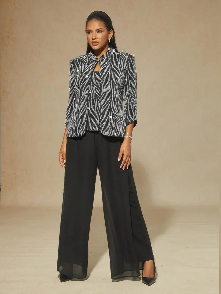 Elegant Mandarin Collar Twinset with Rhinestone Zebra Print