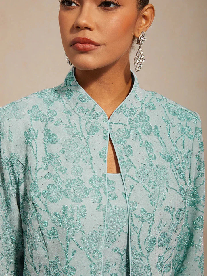 Gebreide Jacquard Twinset Met Bloemen En Mandarijnkraag