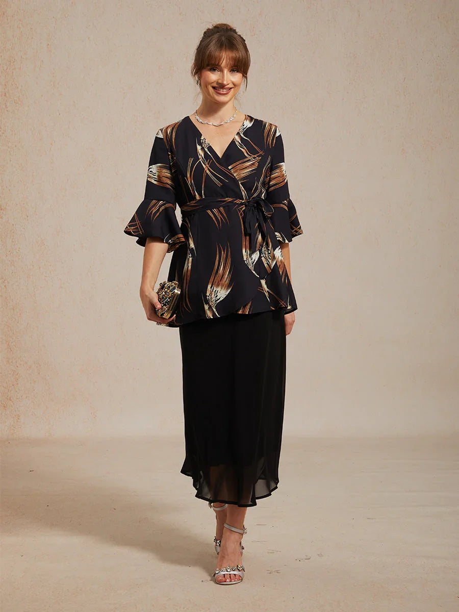 V-hals Lange Tuniekblouse met Volantmouwen