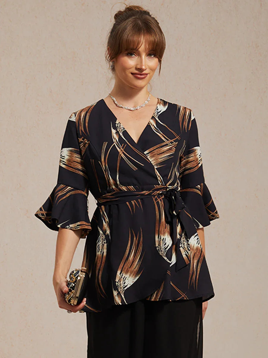 V-hals Lange Tuniekblouse met Volantmouwen