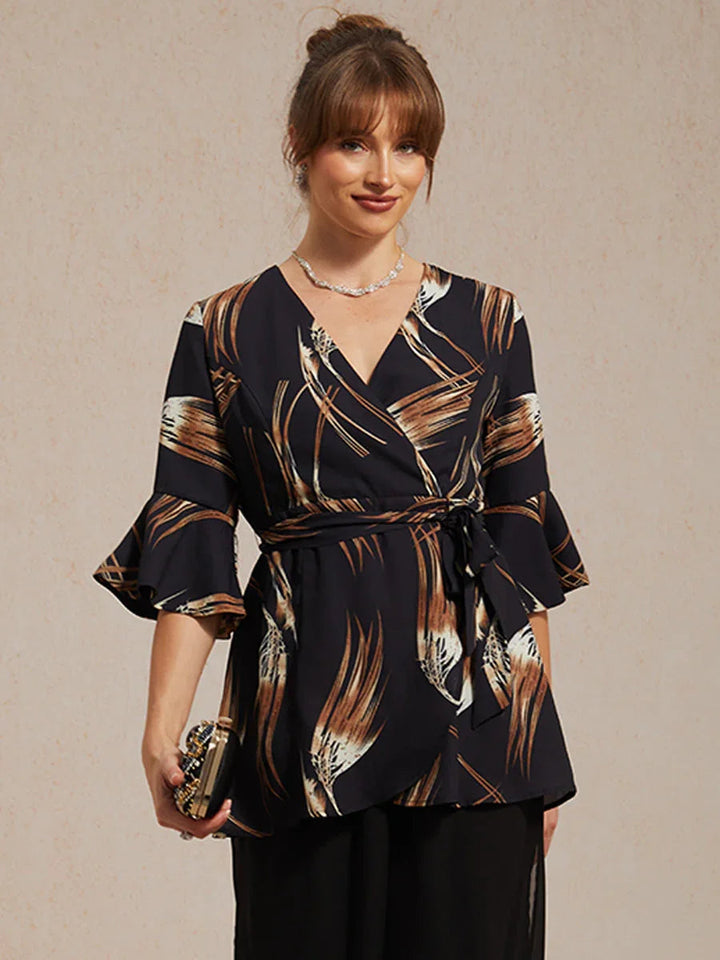 V-hals Lange Tuniekblouse met Volantmouwen