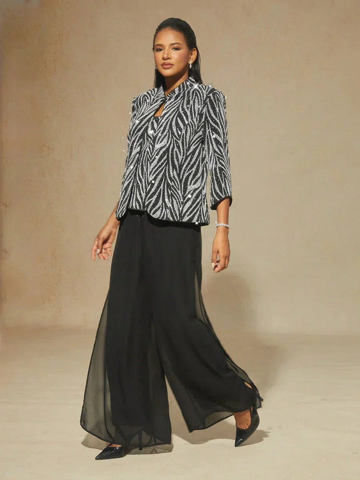 Elegant Mandarin Collar Twinset with Rhinestone Zebra Print