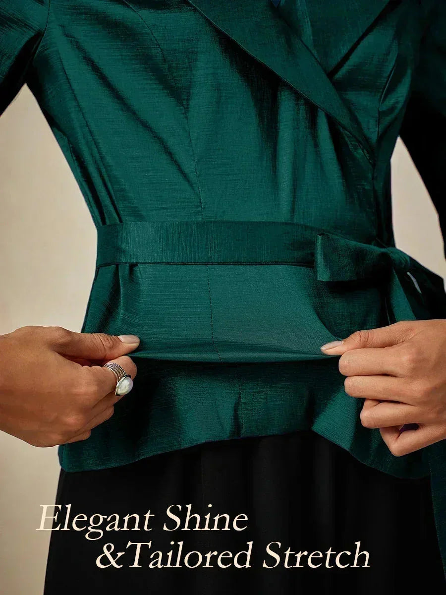3/4 mouw stretch taffeta blouse met ceintuurdetail