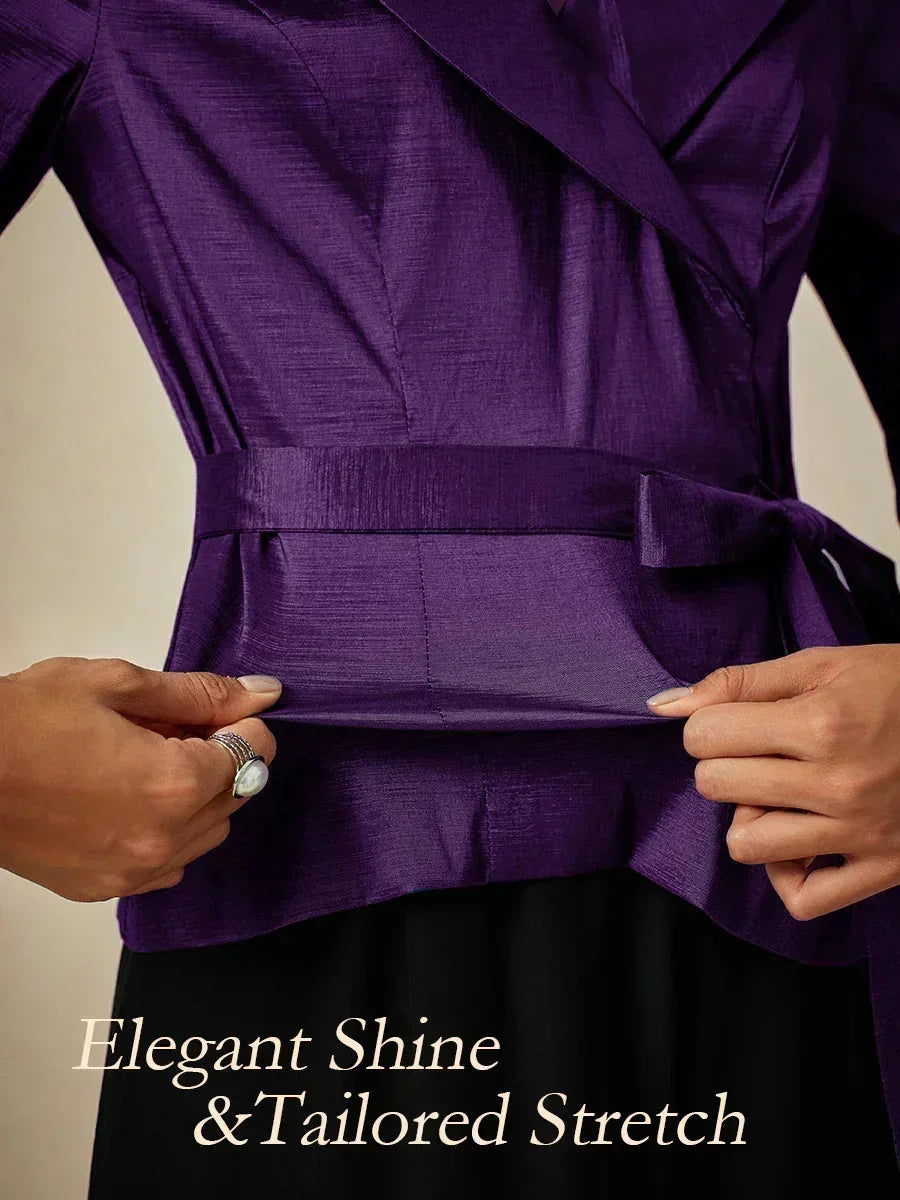 3/4 mouw stretch taffeta blouse met ceintuurdetail
