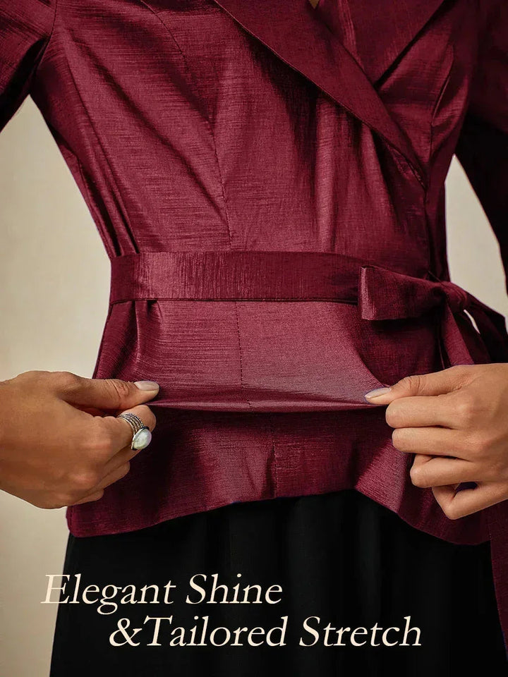 3/4-Sleeve Stretch Taffeta Blouse with Belt Detail