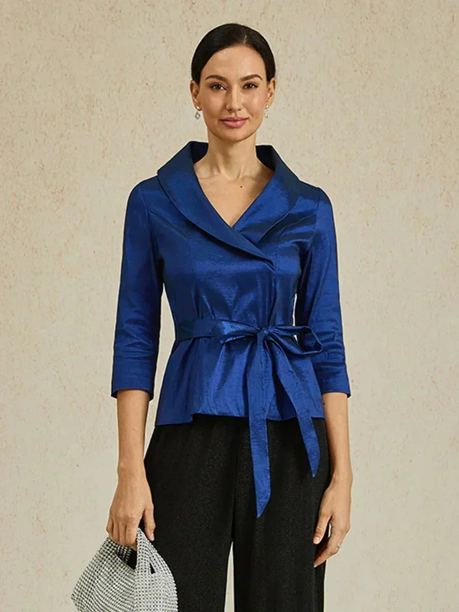 3/4 mouw stretch taffeta blouse met ceintuurdetail