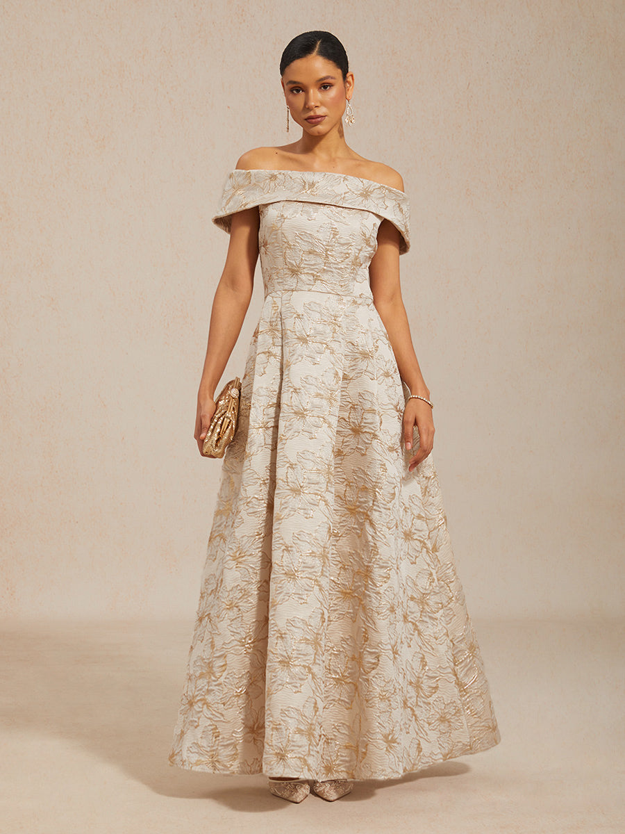Off-the-Shoulder Metallic Bloemenjacquard Baljurk