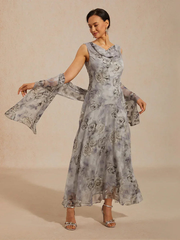 Bloemenprint jurk met col, theelange en volantzoom