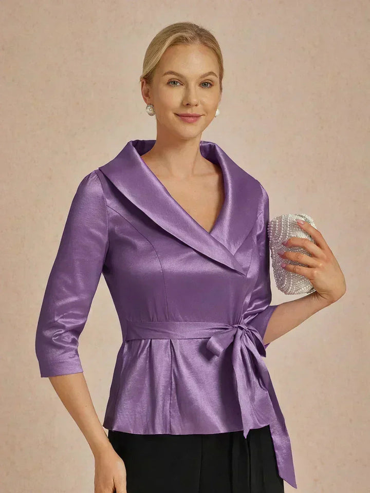 3/4 mouw stretch taffeta blouse met ceintuurdetail