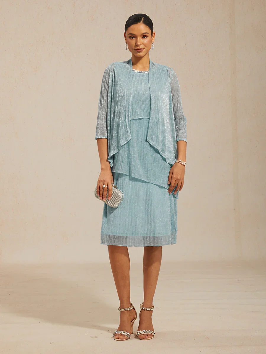 Metallisch Geplooide Chiffon Midi-jurk Met Ronde Hals Afgewerkt Met Kralen