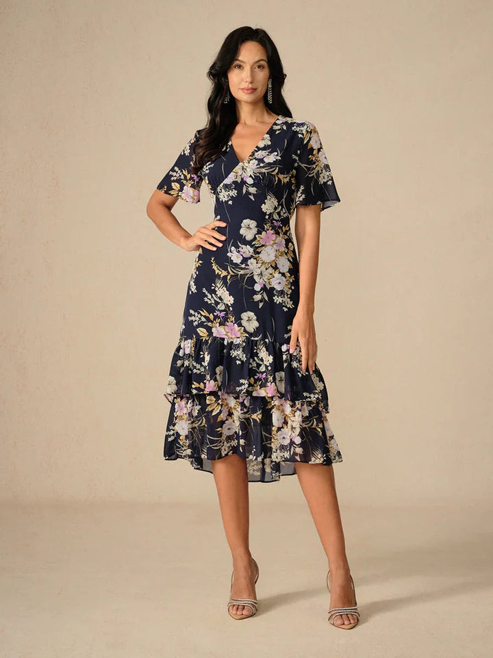 Bloemenchiffon V-hals Midi-jurk met Ruches