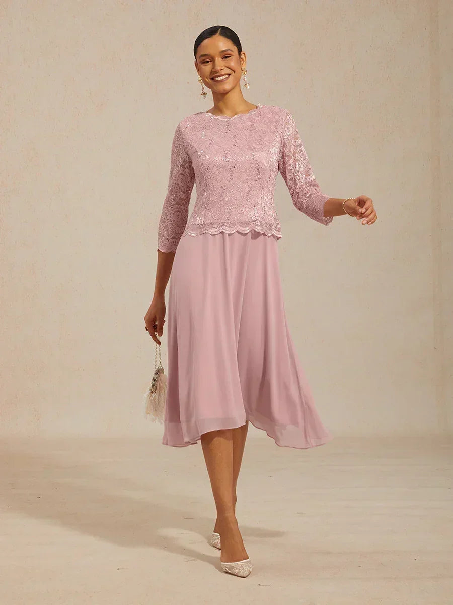 Elegante kanten- en chiffon theelange jurk
