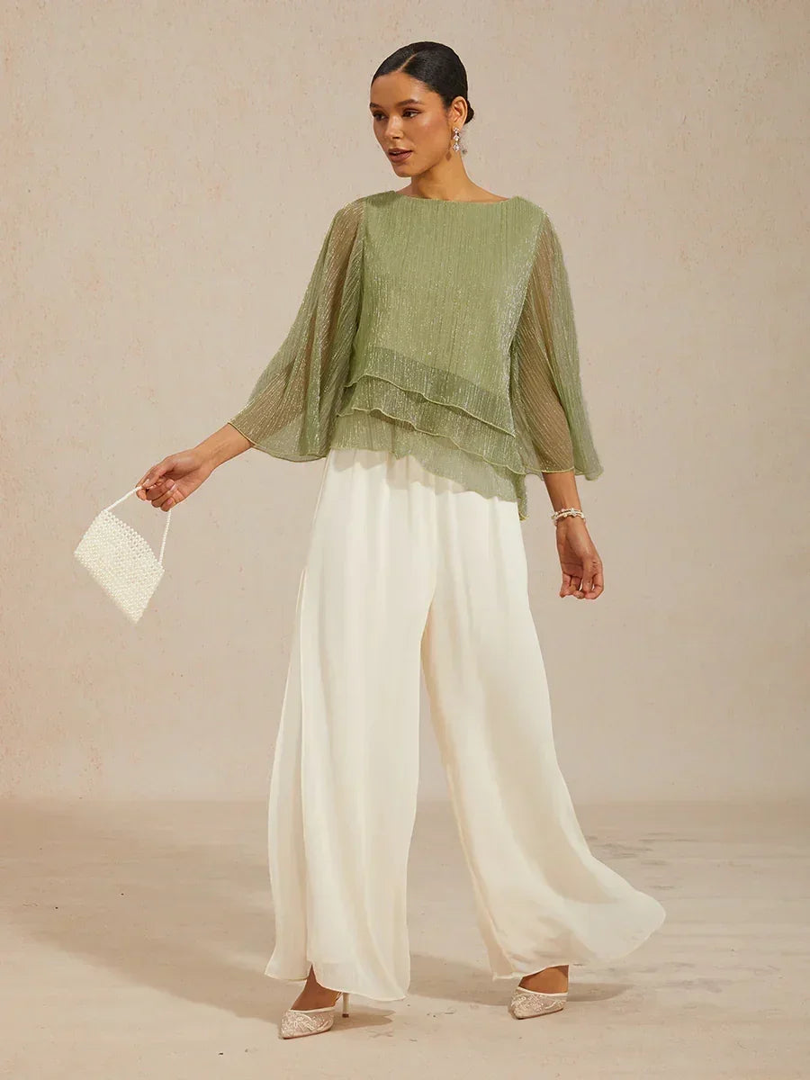 Metallic Geplooide Chiffon Asymmetrische Gelaagde Blouse