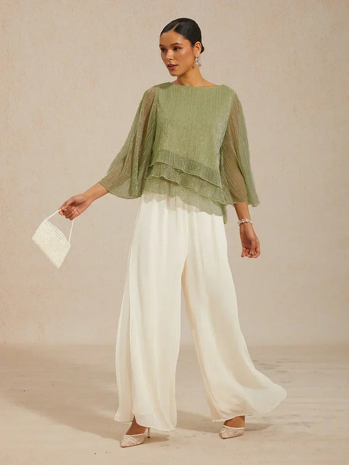 Metallic Geplooide Chiffon Asymmetrische Gelaagde Blouse