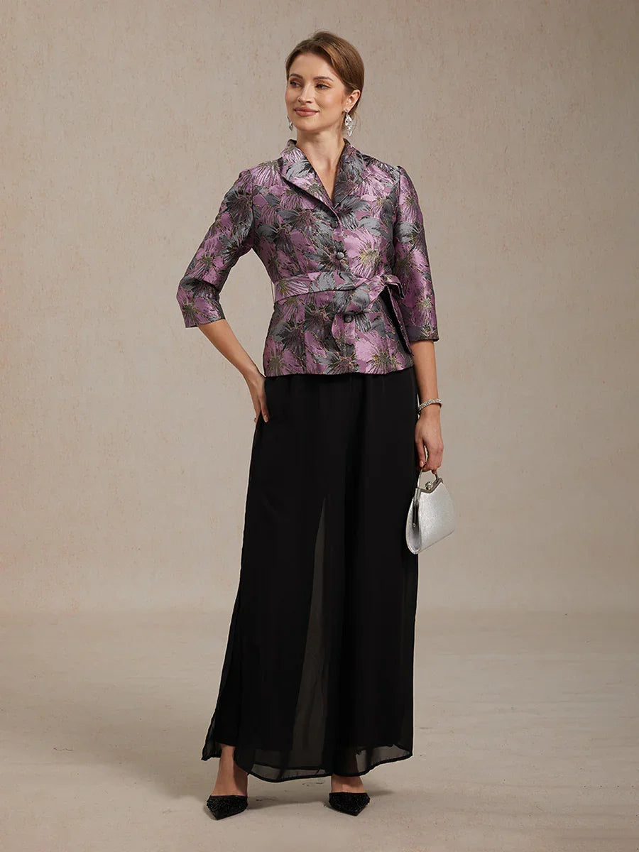 3/4-Sleeve Floral Jacquard Blouse with Tie Belt