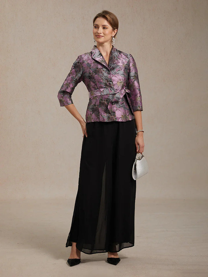 3/4-Sleeve Floral Jacquard Blouse with Tie Belt