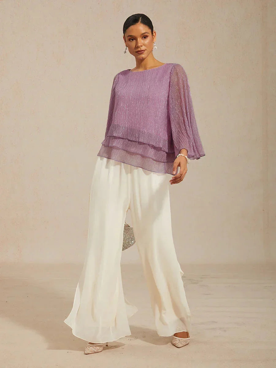 Metallic Geplooide Chiffon Asymmetrische Gelaagde Blouse