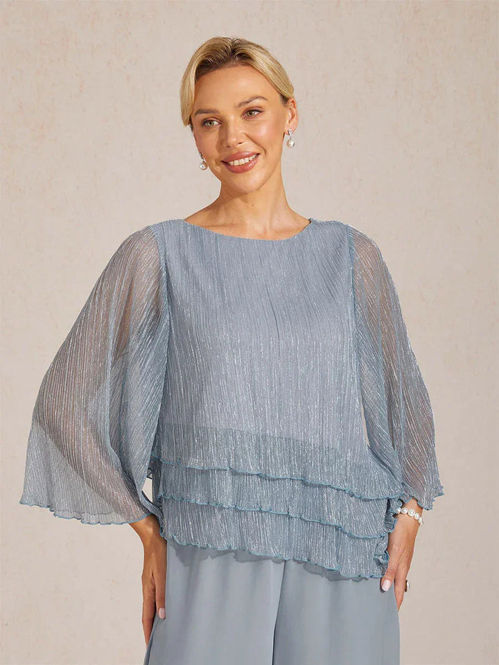 Metallische Geplooide Chiffon Asymmetrische Gelaagde Blouse