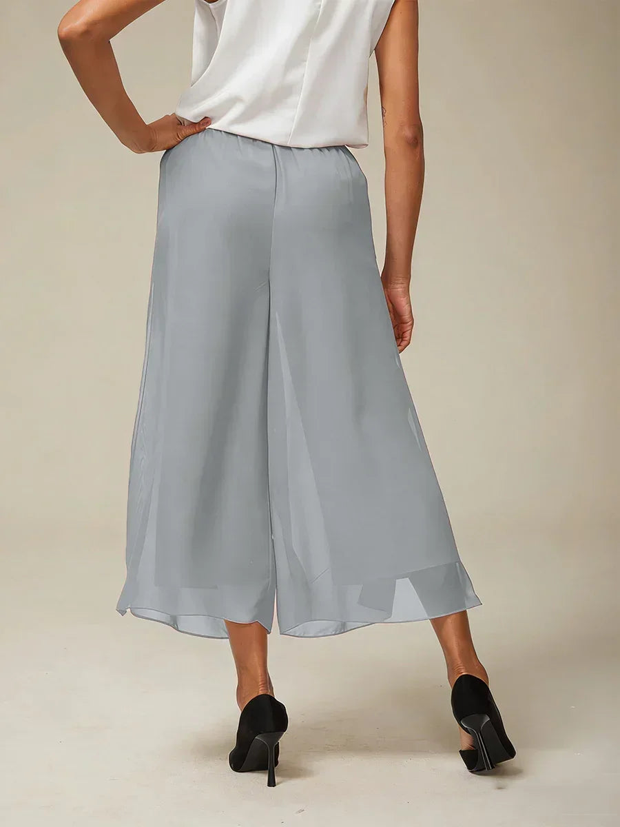 Cropped lengte rechte pijp broek met chiffon split pijp overlay