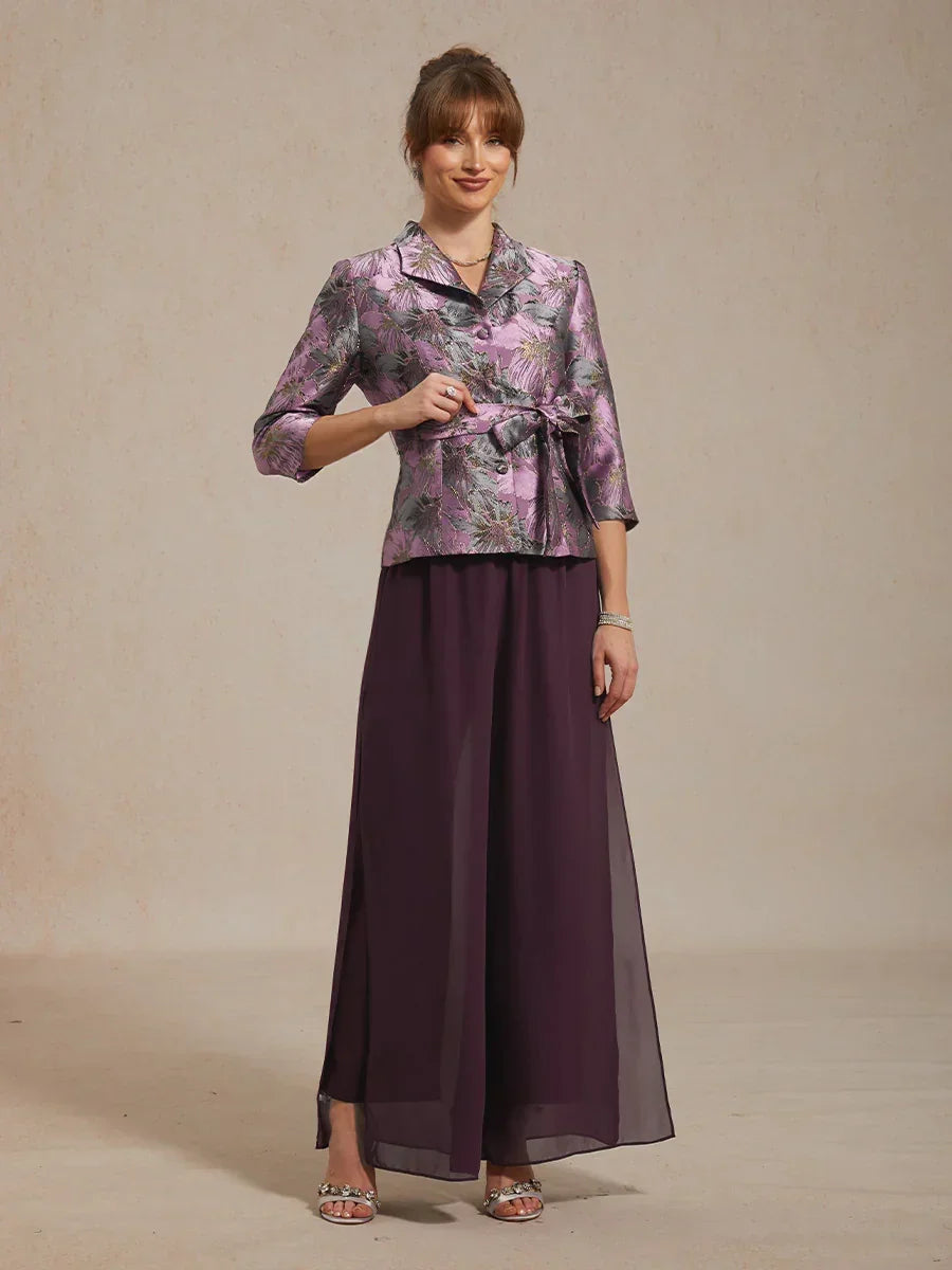 3/4-Sleeve Floral Jacquard Blouse with Tie Belt
