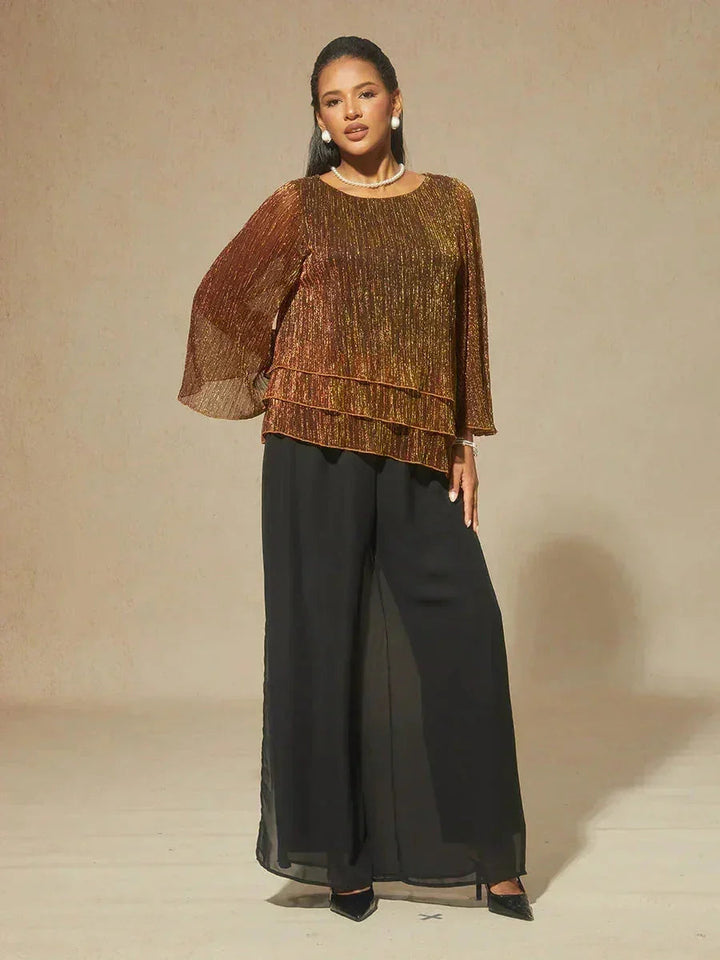 Metallisch Geplooide Chiffon Asymmetrische Gelaagde Blouse
