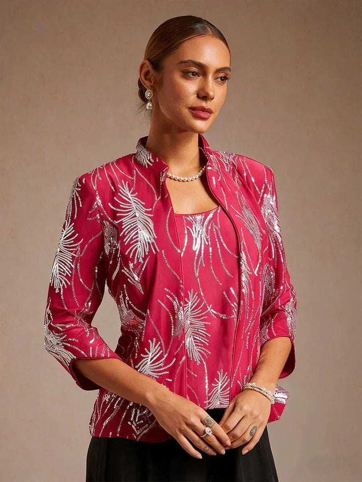 Elegante Twinset met Mandarijnkraag en Pailletten