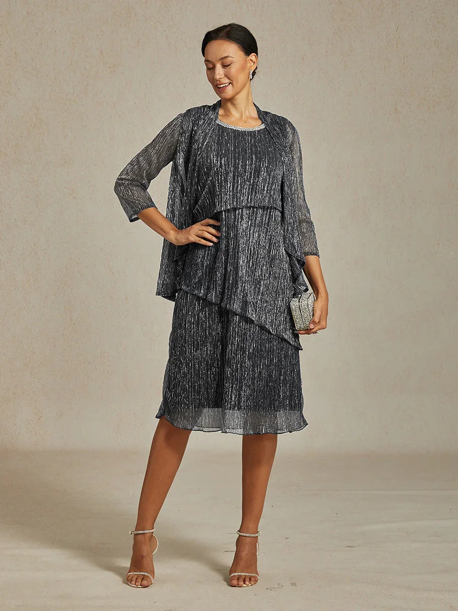 Metallic Geplooide Chiffon Midi-jurk met Kralenversierde Ronde Hals