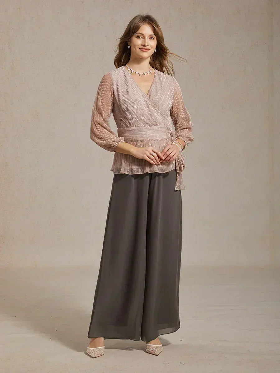 Straight-Leg Pants with Chiffon Slit Overlay