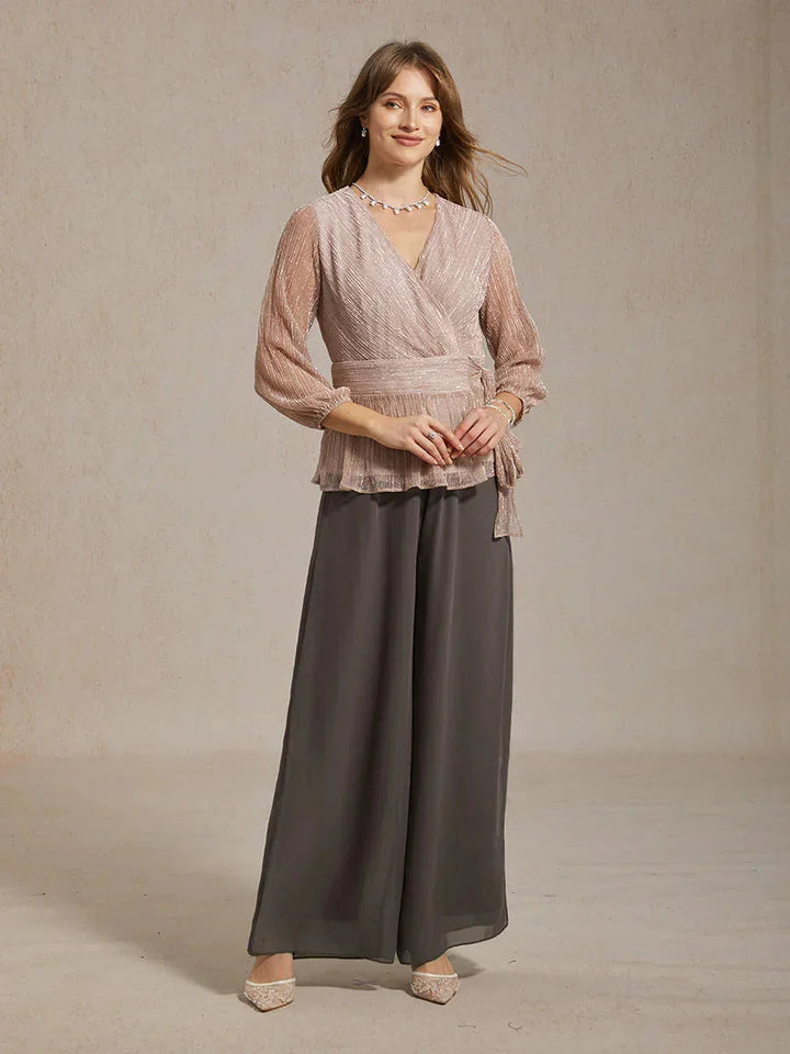 Rechte broek met chiffon split been overlay