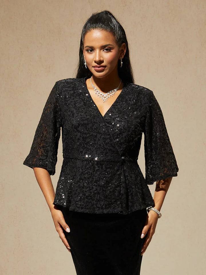 3/4-Mouwblouse van Rekbare Kant met Paillettenaccent