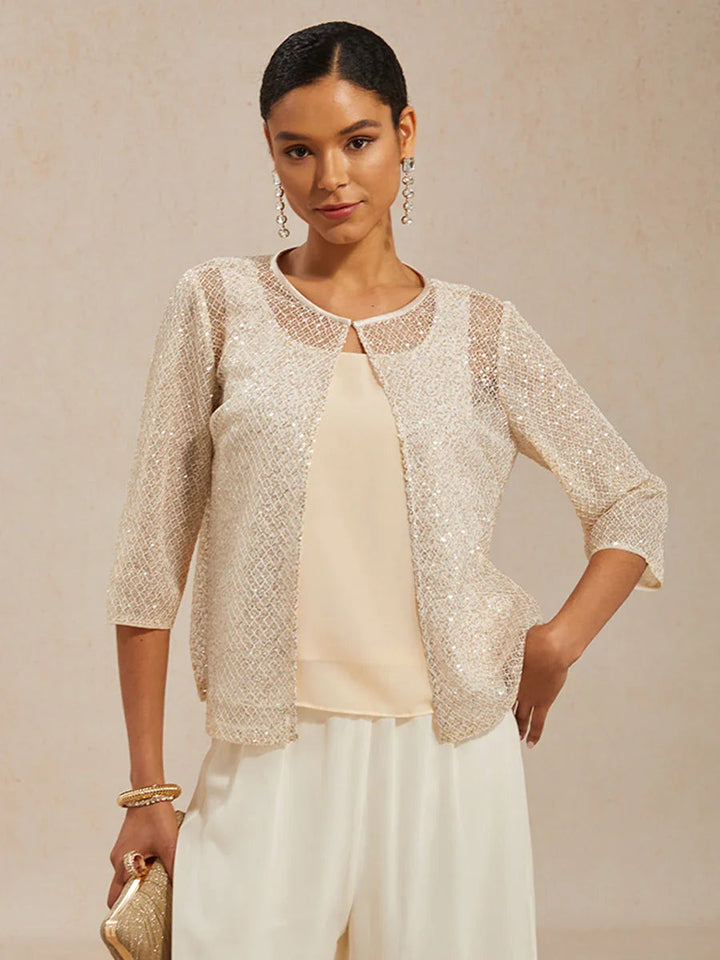 Paillettenmesh Twinset Met Ronde Hals En 3/4-mouw