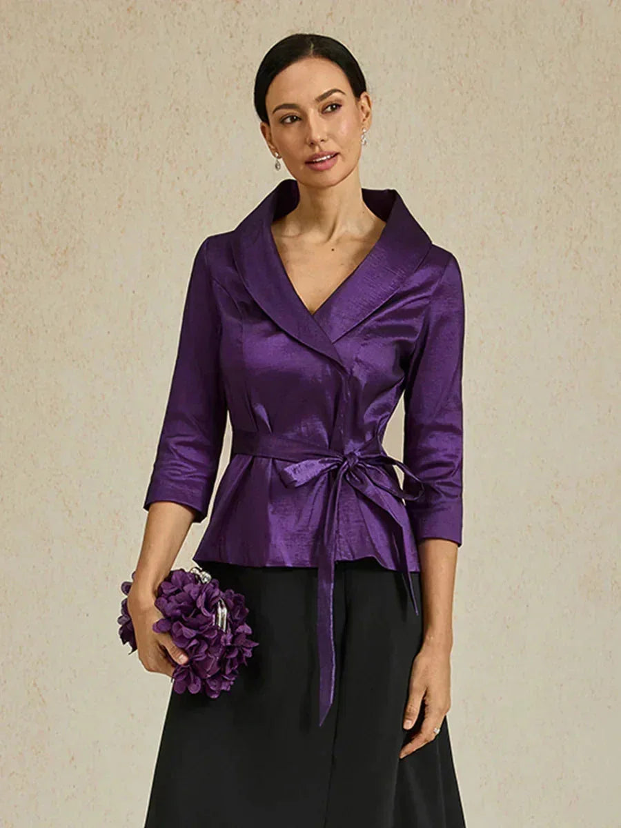 3/4-Mouw Stretch-taffeta Blouse Met Strikdetail In De Taille