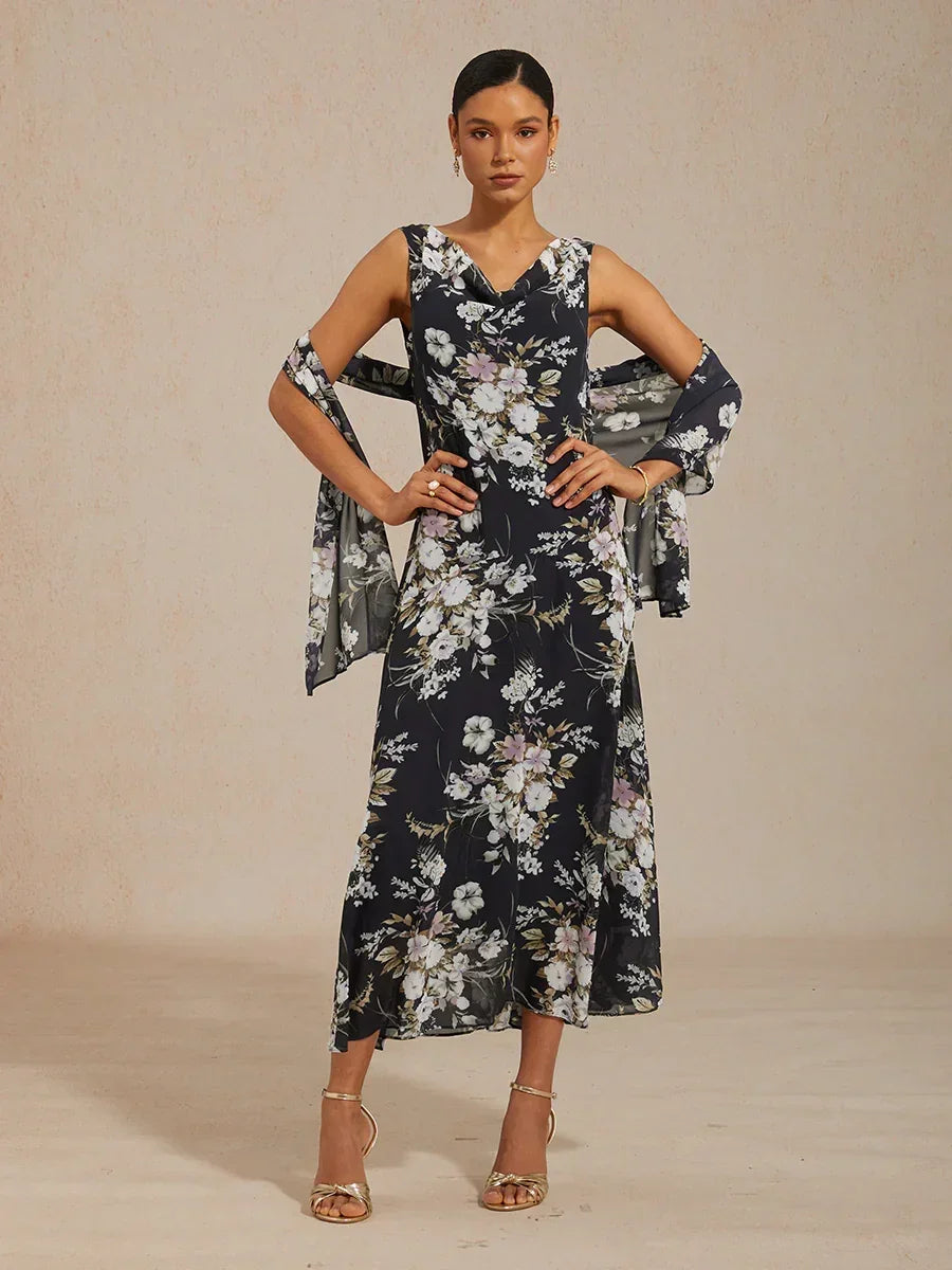 Bloemenprint jurk met col, theelange en volantzoom