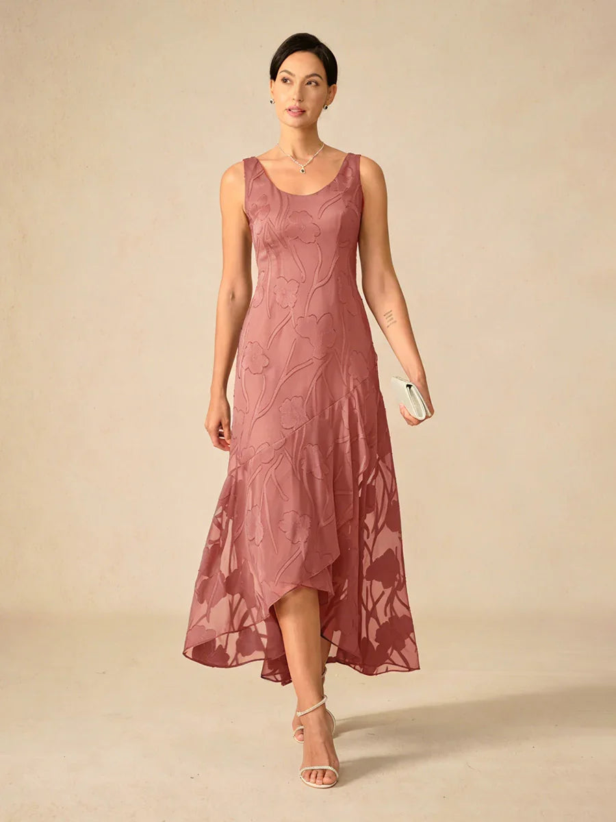 Chiffon Mouwloze Avondjurk Met Bloemenprint En Asymmetrische Zoom