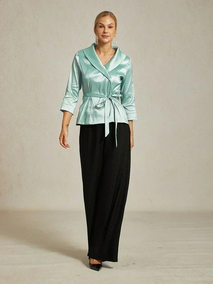 3/4 mouw stretch taffeta blouse met ceintuurdetail