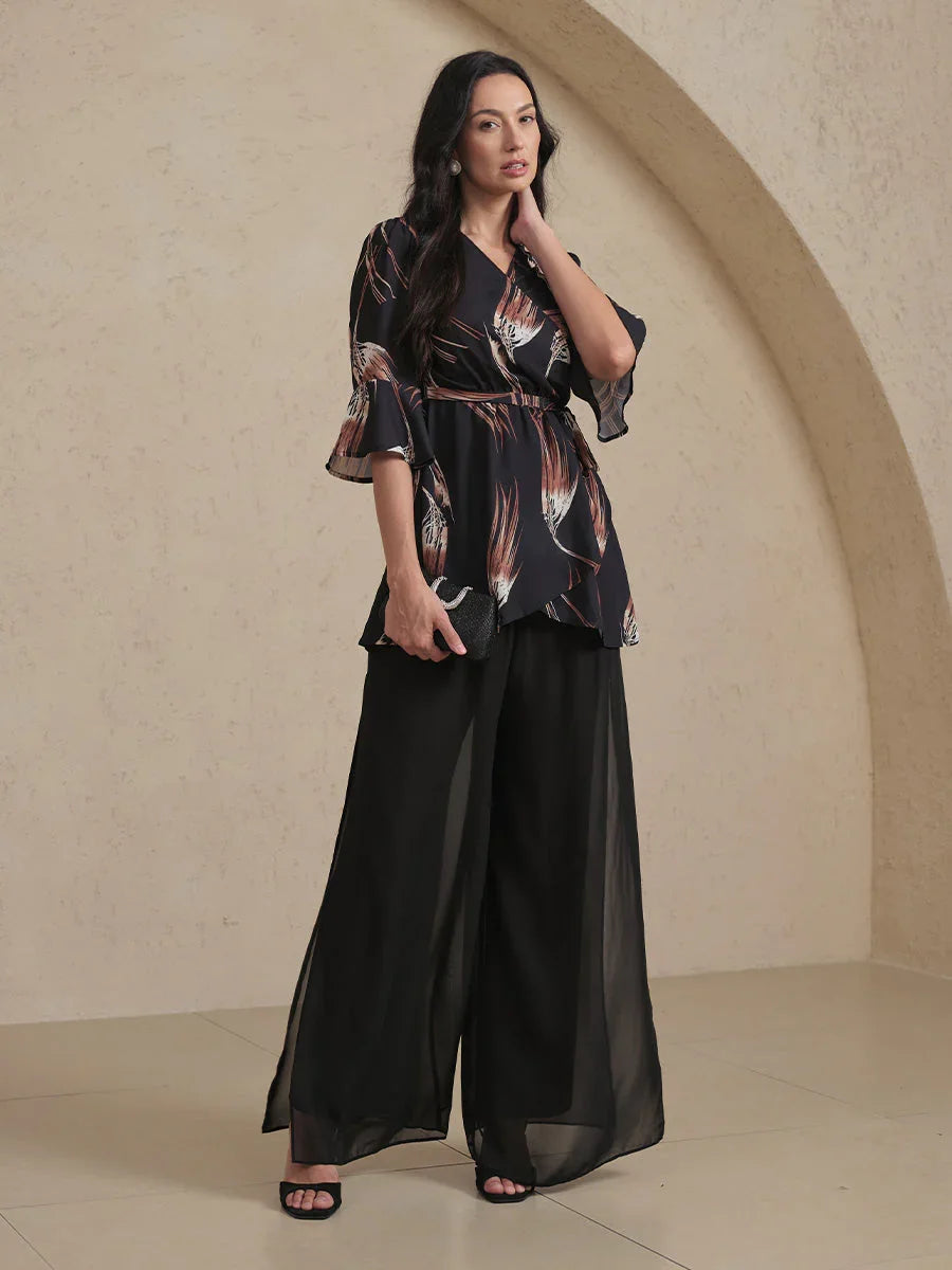 V-hals Lange Tuniekblouse met Volantmouwen