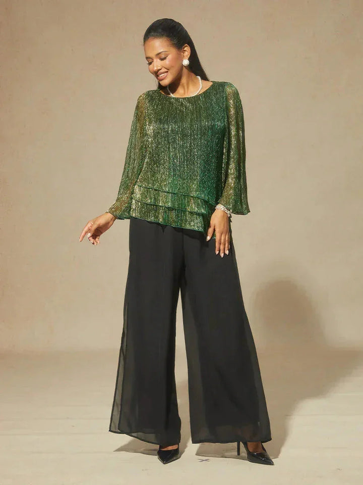 Metallic Geplooide Chiffon Asymmetrische Gelaagde Blouse