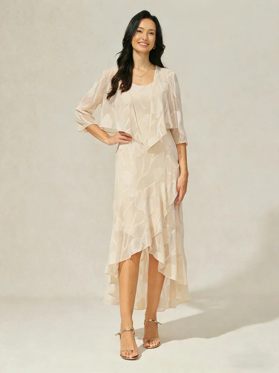 Floral Chiffon Sleeveless Evening Gown with Asymmetrical Hem