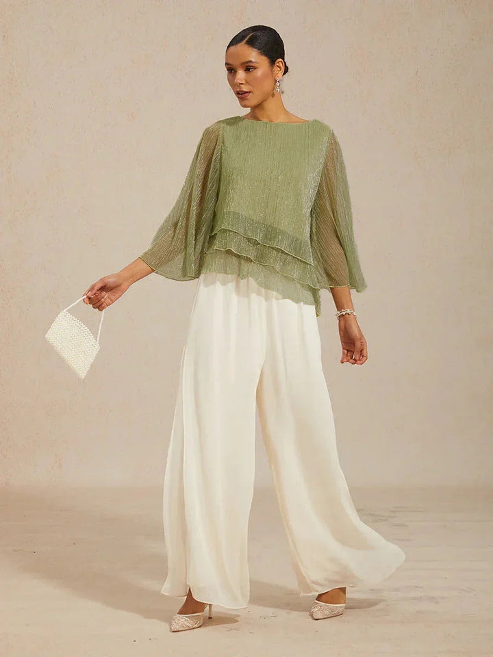 Metallic Geplooide Chiffonblouse met Asymmetrische Lagen