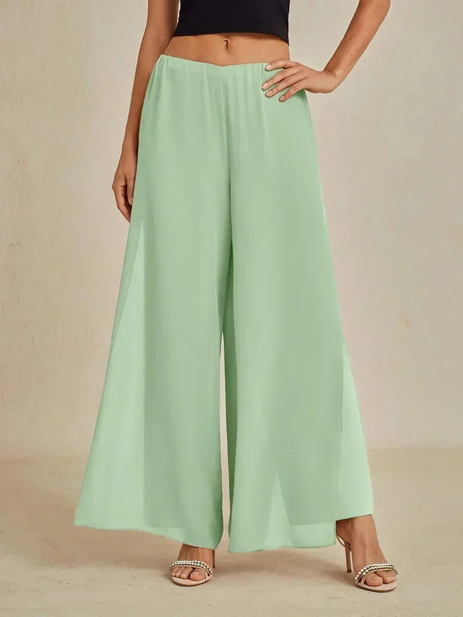 Rechte broek met chiffon split been overlay