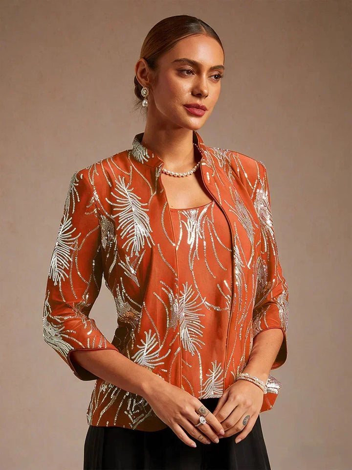 Elegant Twinset met Mandarijnkraag en Pailletten