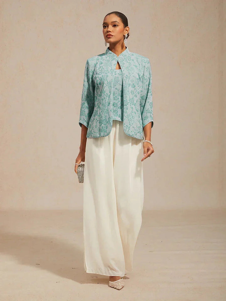 Floral Knit Jacquard Mandarin Collar Twinset