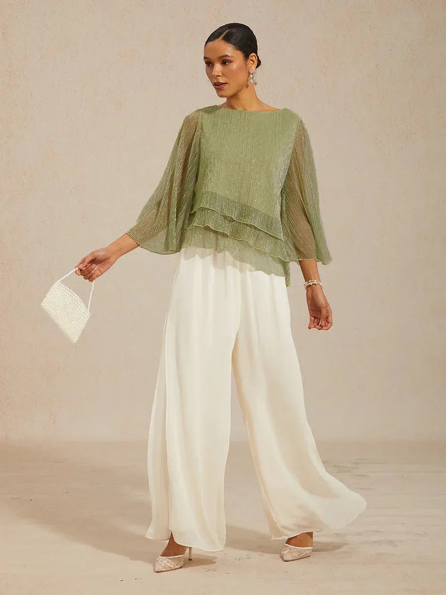 Metallisch Geplooide Chiffon Asymmetrische Gelaagde Blouse