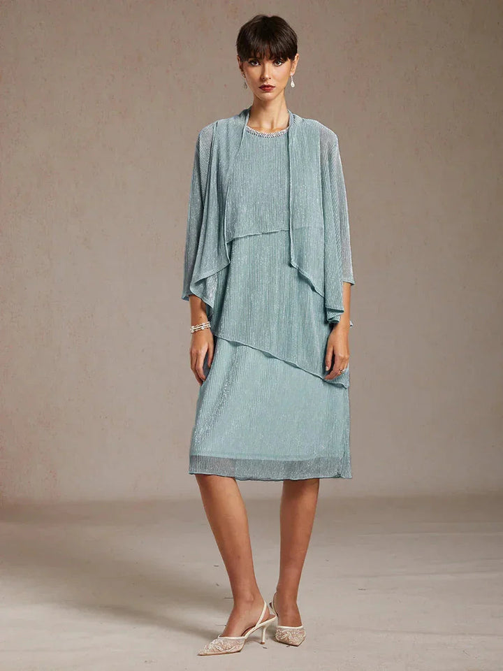 Metallic Geplisseerde Chiffon Midi-jurk met Ronde Hals met Kralen