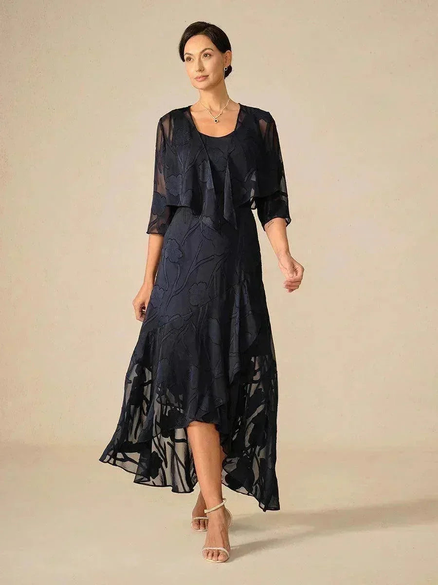 Mouwloze Chiffon Avondjurk Met Bloemenprint En Asymmetrische Zoom