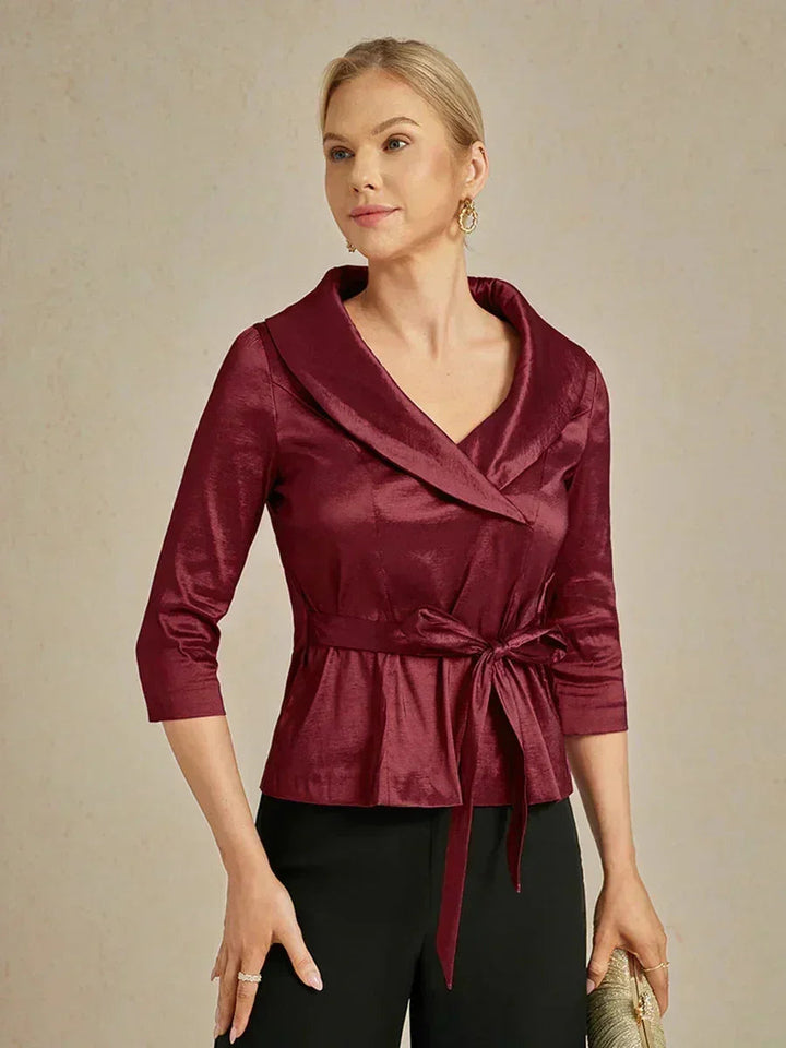 3/4 mouw stretch taffeta blouse met ceintuurdetail