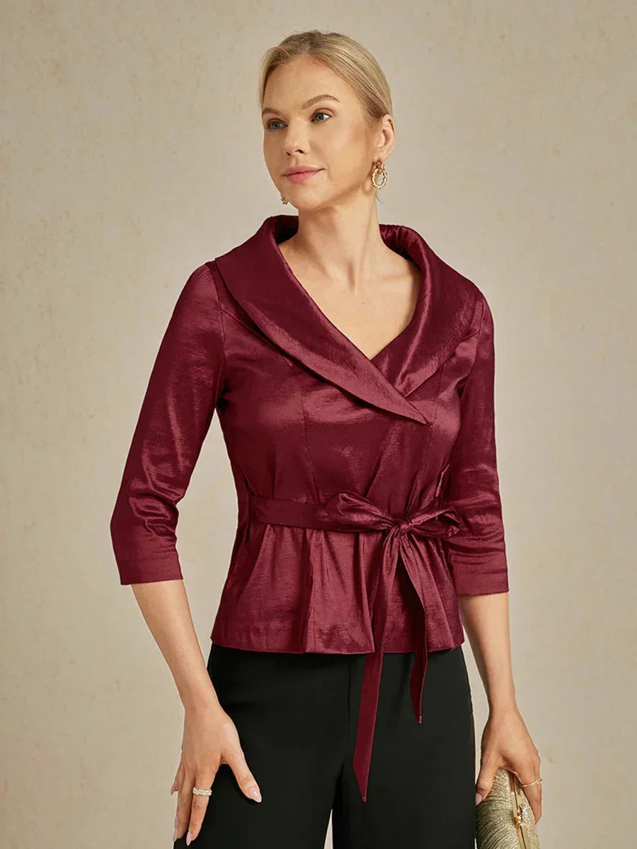 3/4-Sleeve Stretch Taffeta Blouse with Belt Detail