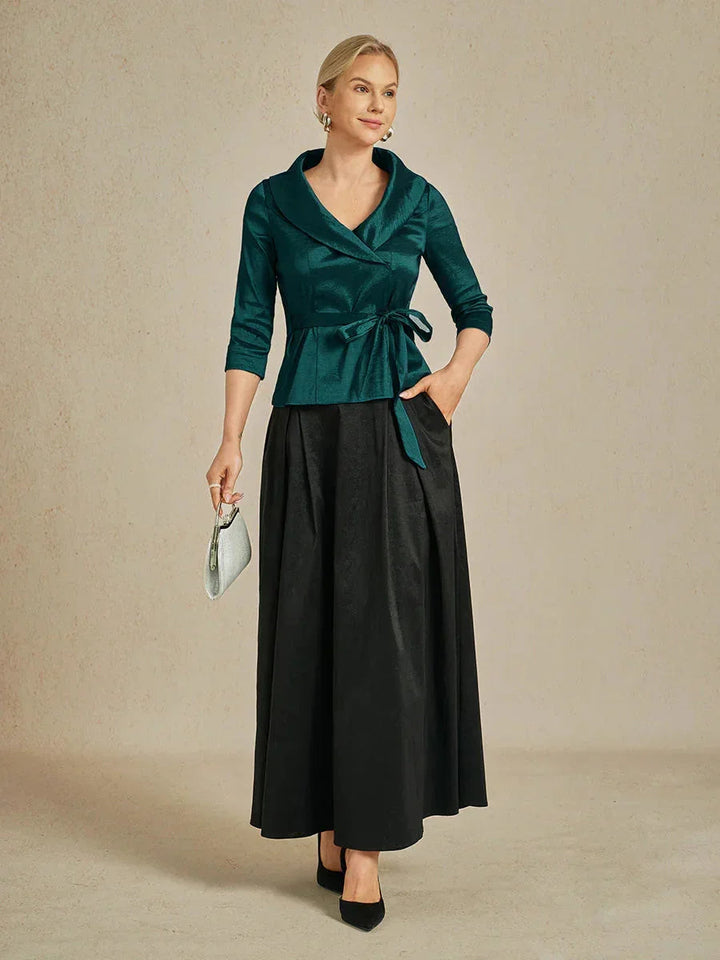 3/4-Sleeve Stretch Taffeta Blouse with Belt Detail