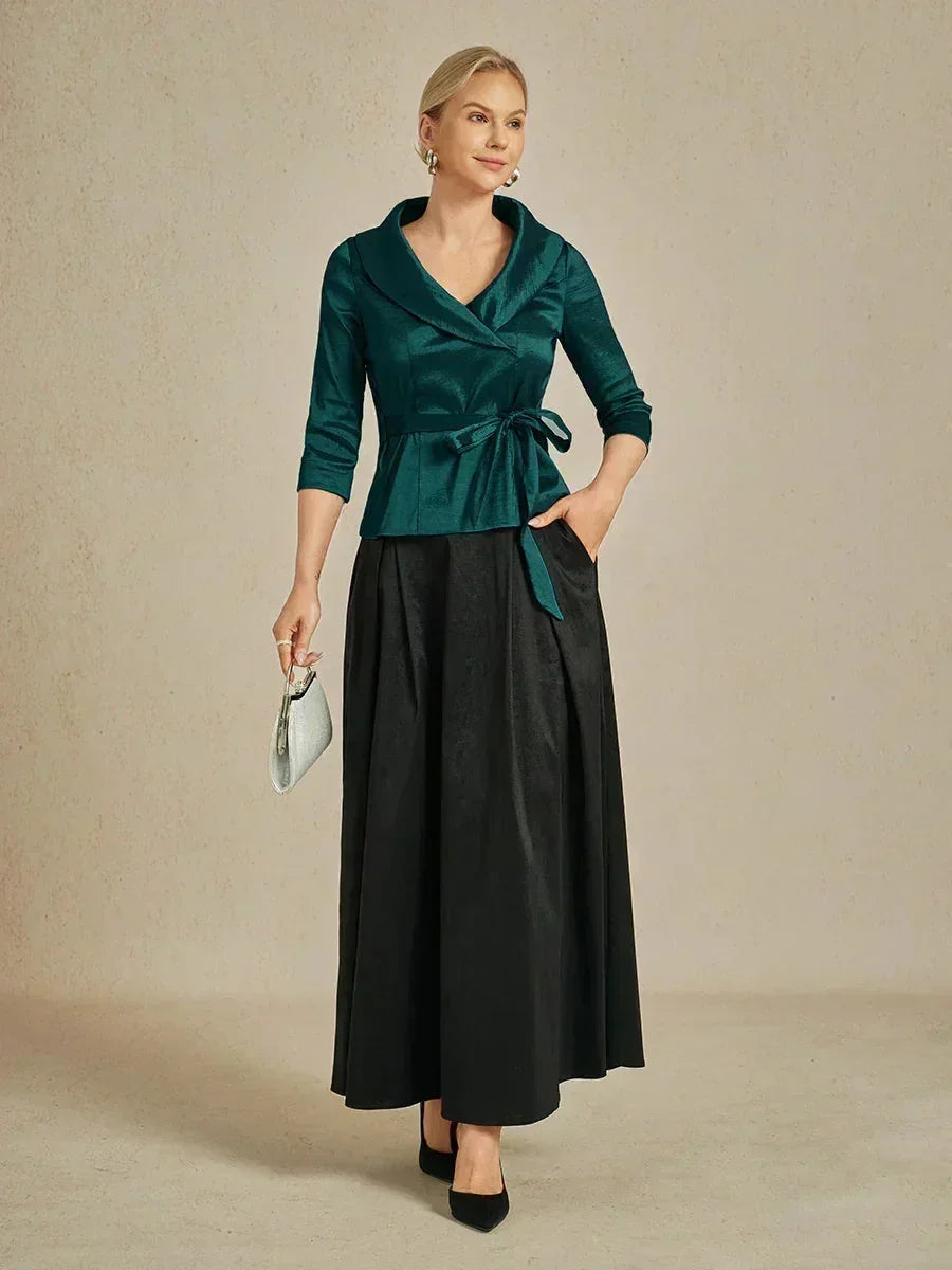 3/4 mouw stretch taffeta blouse met ceintuurdetail