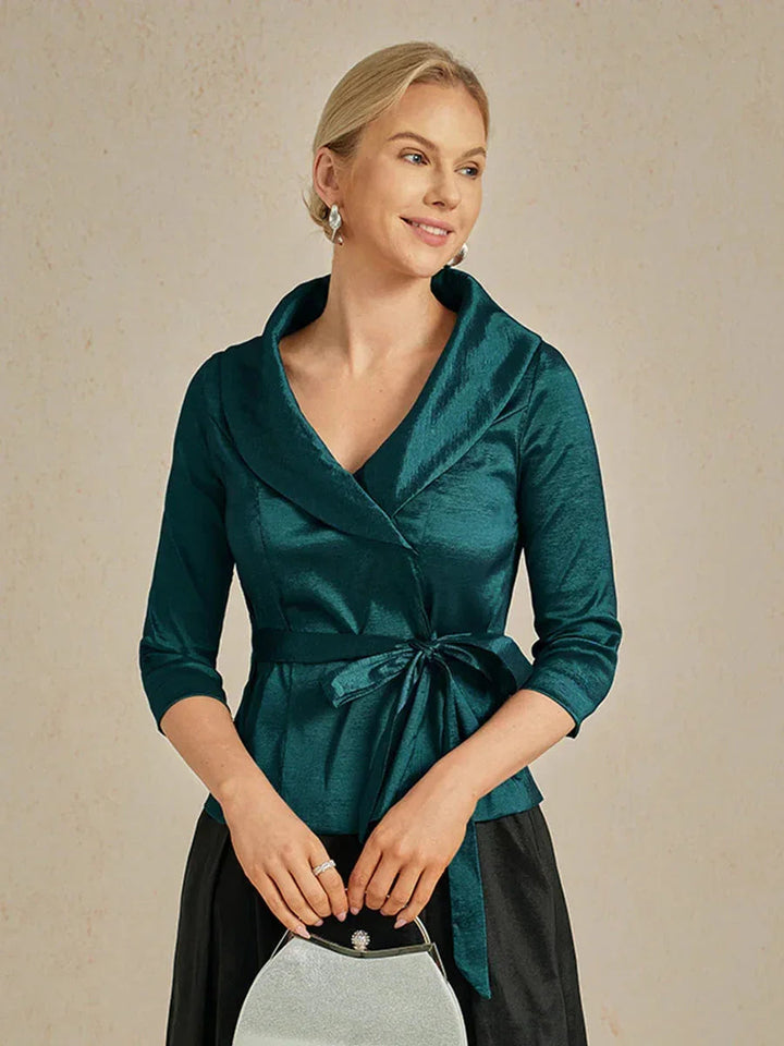 3/4-Sleeve Stretch Taffeta Blouse with Belt Detail